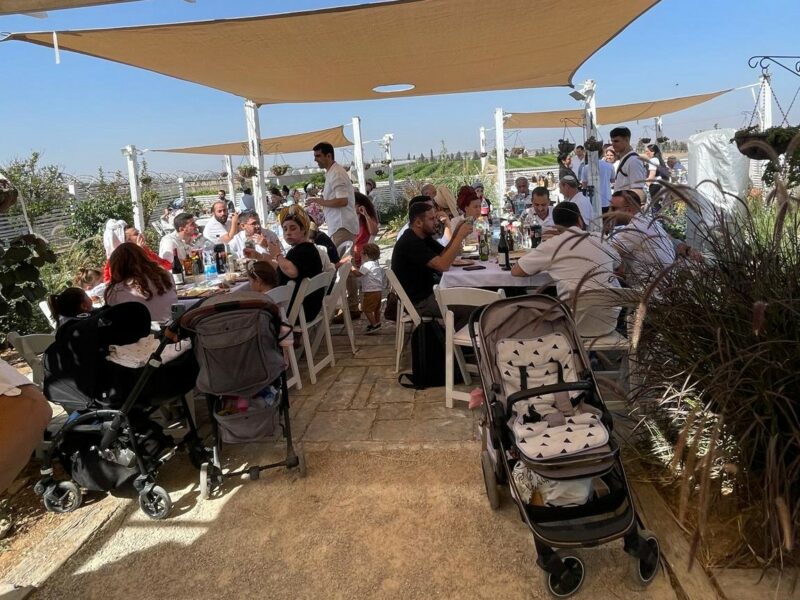 "אירוע חוץ תחת סוככי צל: אורחים יושבים סביב שולחנות ערוכים, ילדים ותינוקות בסביבה, ובקדמת התמונה כמה עגלות תינוק; צמחייה ירוקה ברקע."